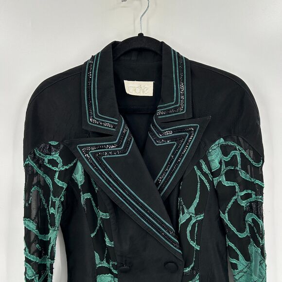 CACHE Vintage Green Black Sequin Embroidered Sheer Sleeve Blazer Jacket Small - Picture 3 of 6